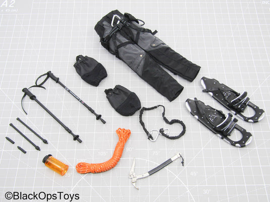 Black Outdoor Pants w/Snowshoes, Trekking Poles, & Gear Set