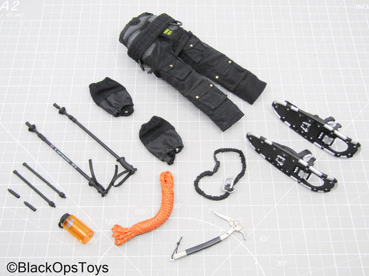 Black Outdoor Pants w/Snowshoes, Trekking Poles, & Gear Set