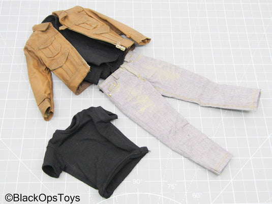 Brown Jacket w/Black Button Up Shirt, T-Shirt, & Grey Jeans