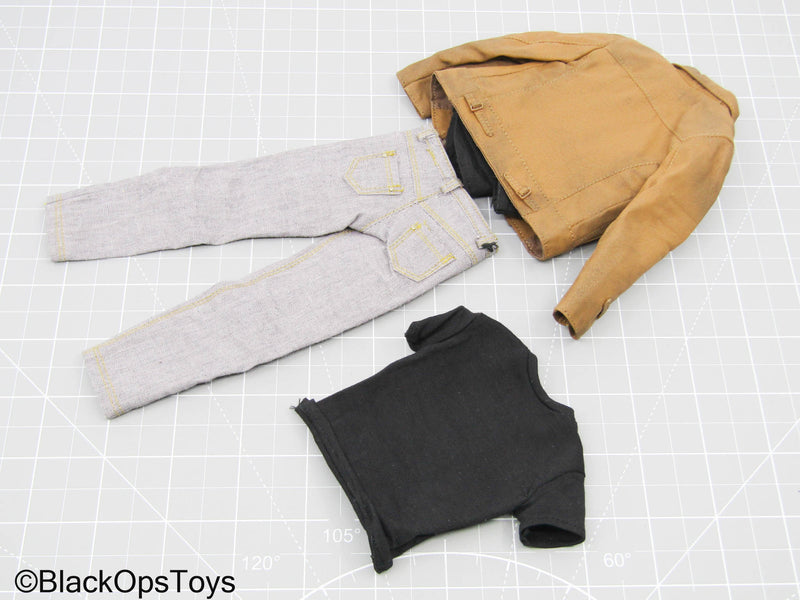 Load image into Gallery viewer, Brown Jacket w/Black Button Up Shirt, T-Shirt, &amp; Grey Jeans
