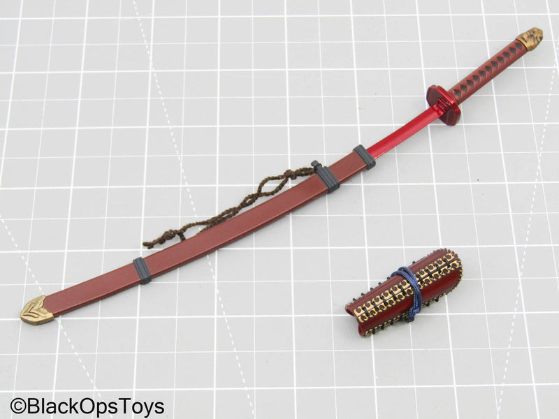 Load image into Gallery viewer, Red Katana Sword w/Sheath &amp; Arm Gauntlet (Sideshow Collectibles)
