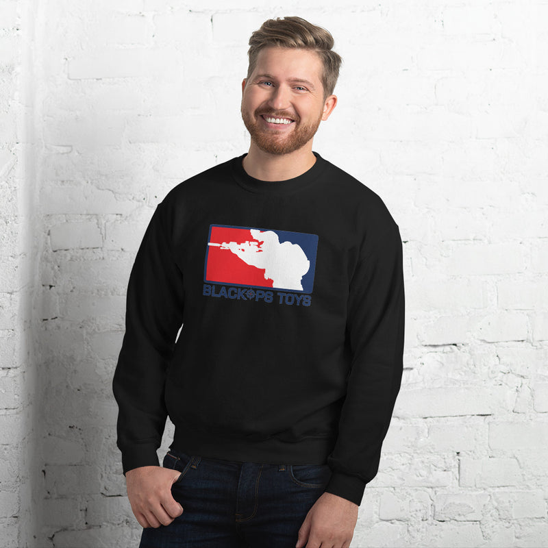 Load image into Gallery viewer, Unisex Sweatshirt with BlackOpsToys red white and blue logo
