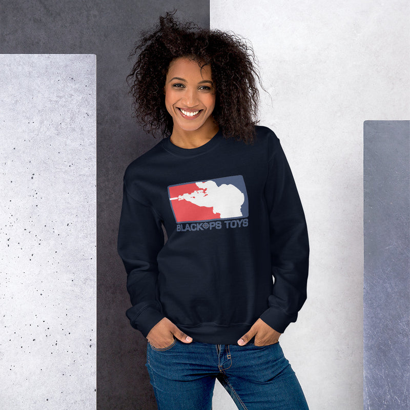 Load image into Gallery viewer, Unisex Sweatshirt with BlackOpsToys red white and blue logo
