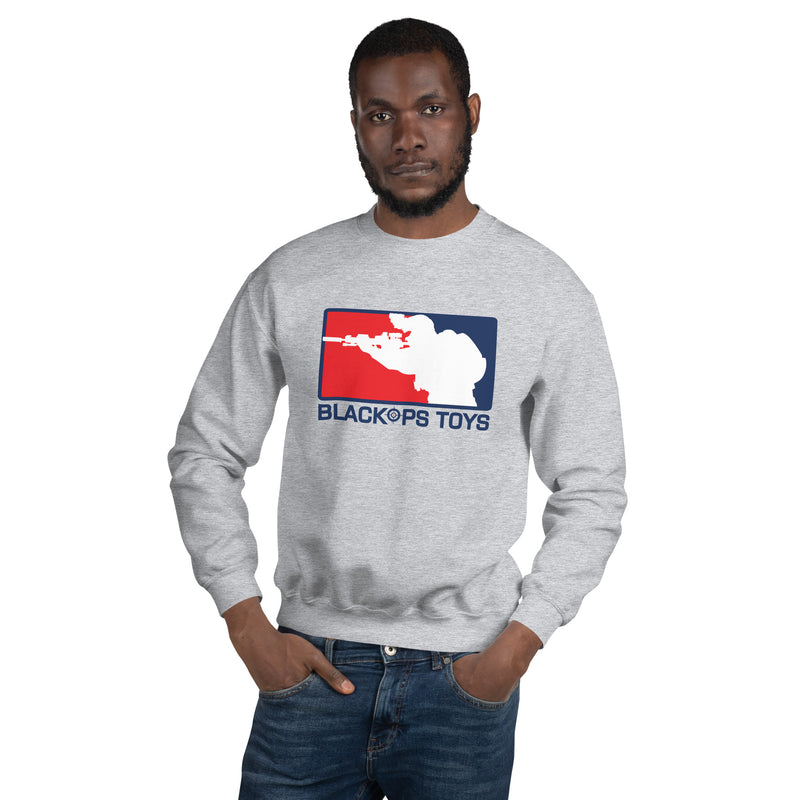 Load image into Gallery viewer, Unisex Sweatshirt with BlackOpsToys red white and blue logo
