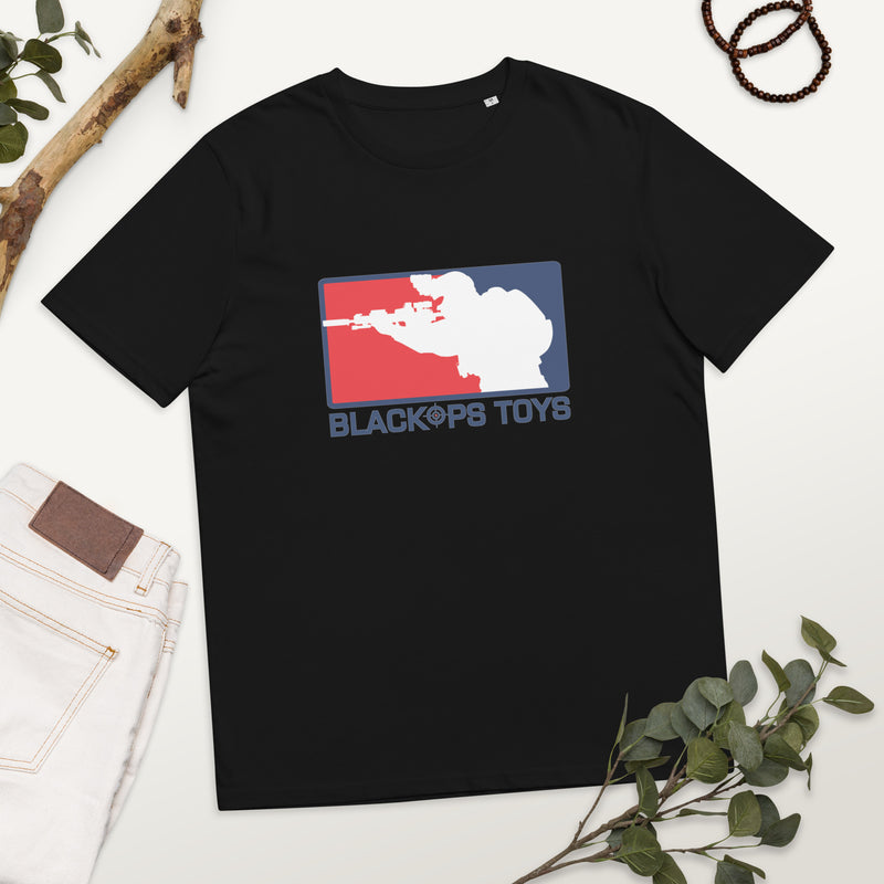 Load image into Gallery viewer, Unisex organic cotton t-shirt with BlackOpsToys red white and blue logo
