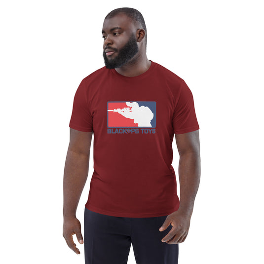 Unisex organic cotton t-shirt with BlackOpsToys red white and blue logo