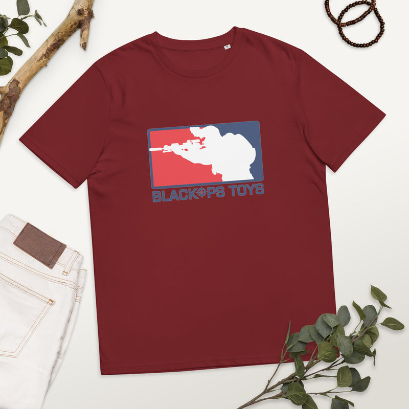 Load image into Gallery viewer, Unisex organic cotton t-shirt with BlackOpsToys red white and blue logo
