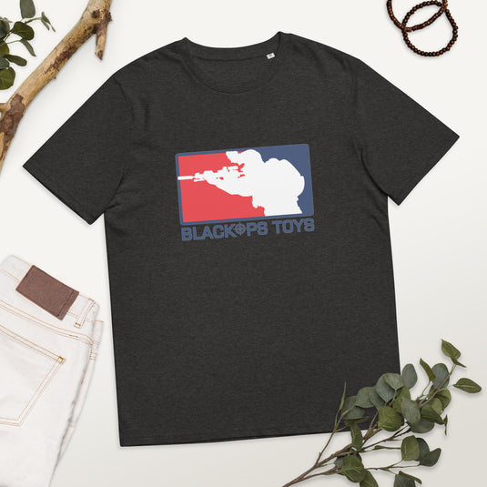 Unisex organic cotton t-shirt with BlackOpsToys red white and blue logo