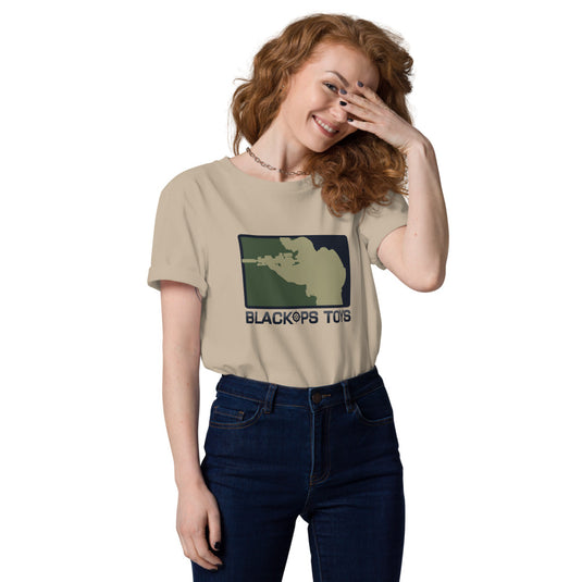 Unisex organic cotton t-shirt with BlackOpsToys army camouflage logo