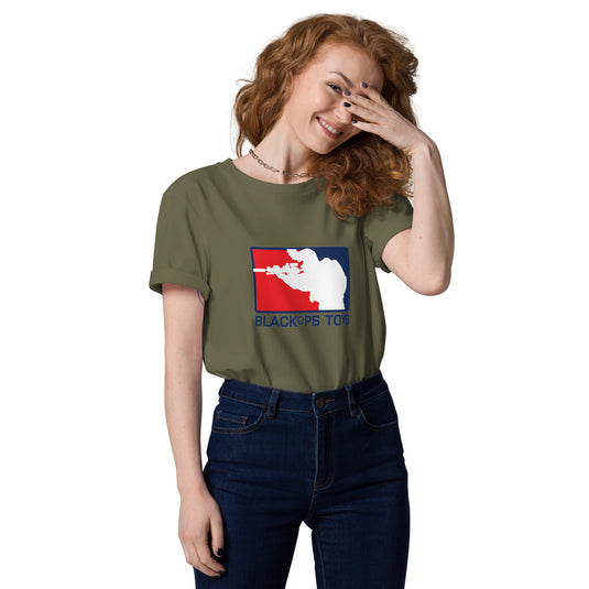 Unisex organic cotton t-shirt with BlackOpsToys red white and blue logo