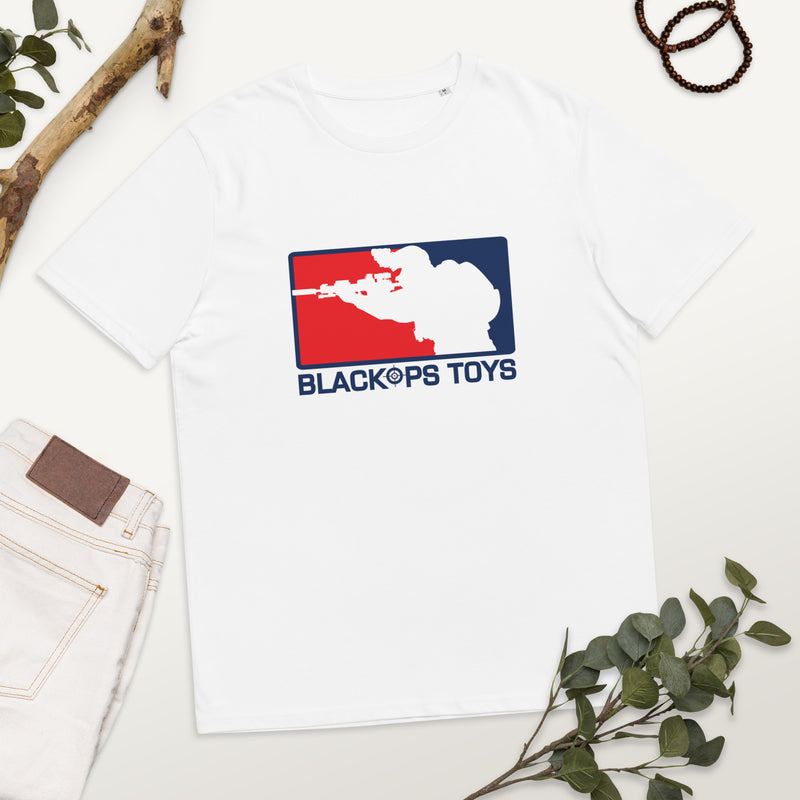 Load image into Gallery viewer, Unisex organic cotton t-shirt with BlackOpsToys red white and blue logo
