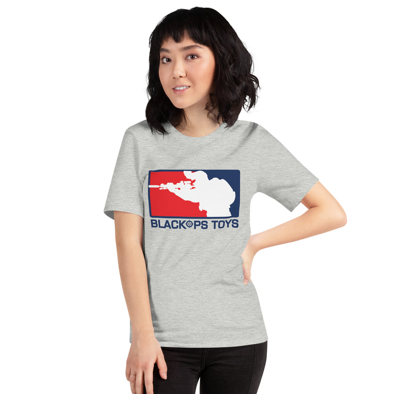 Load image into Gallery viewer, Unisex cotton t-shirt with BlackOpsToys red white and blue logo
