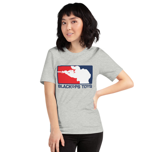 Unisex cotton t-shirt with BlackOpsToys red white and blue logo