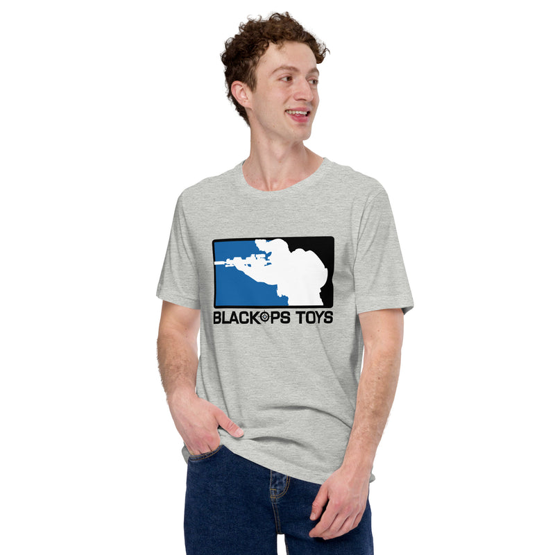 Load image into Gallery viewer, Unisex cotton t-shirt with original BlackOpsToys blue and black logo

