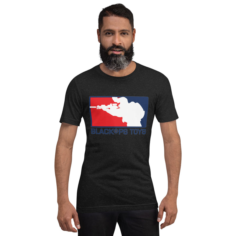 Load image into Gallery viewer, Unisex cotton t-shirt with BlackOpsToys red white and blue logo
