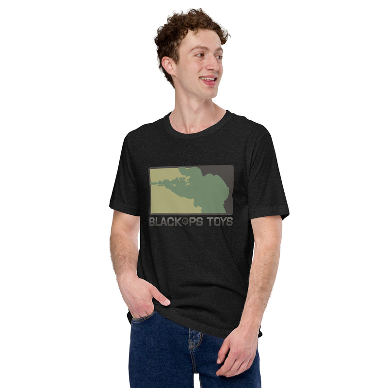 Load image into Gallery viewer, Unisex cotton t-shirt with BlackOpsToys AOR2 logo
