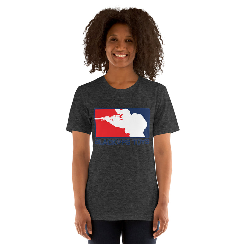 Load image into Gallery viewer, Unisex cotton t-shirt with BlackOpsToys red white and blue logo

