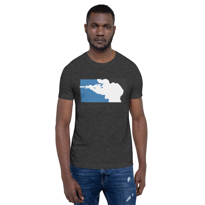 Load image into Gallery viewer, Unisex cotton t-shirt with original BlackOpsToys blue and black logo
