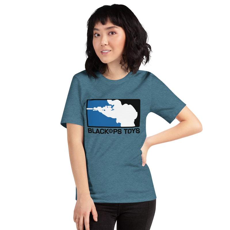 Load image into Gallery viewer, Unisex cotton t-shirt with original BlackOpsToys blue and black logo
