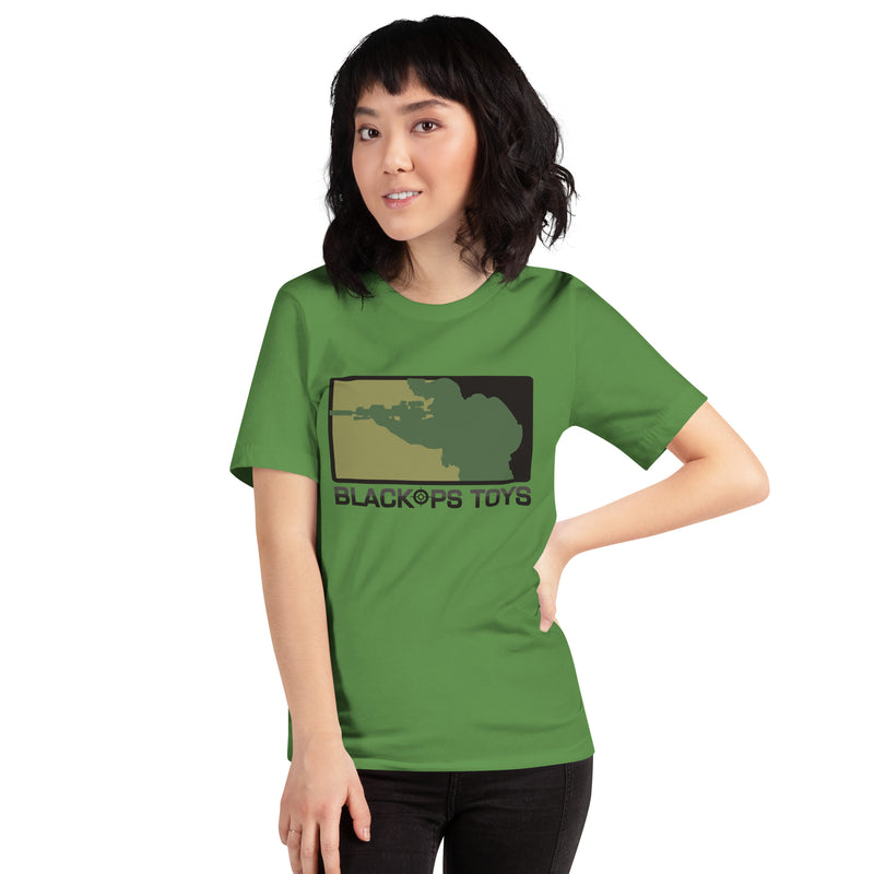 Load image into Gallery viewer, Unisex cotton t-shirt with BlackOpsToys AOR2 logo
