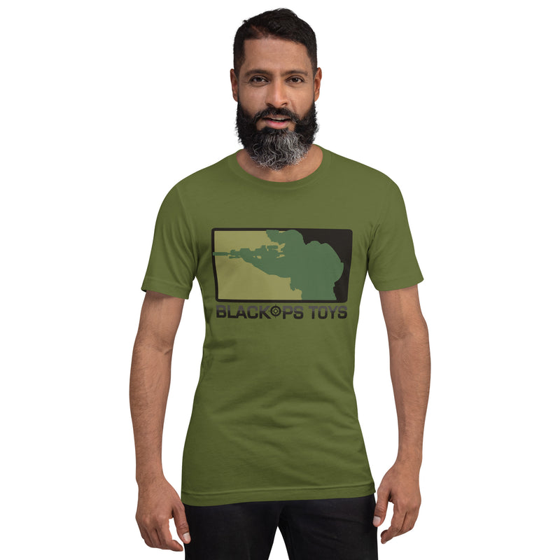 Load image into Gallery viewer, Unisex cotton t-shirt with BlackOpsToys AOR2 logo
