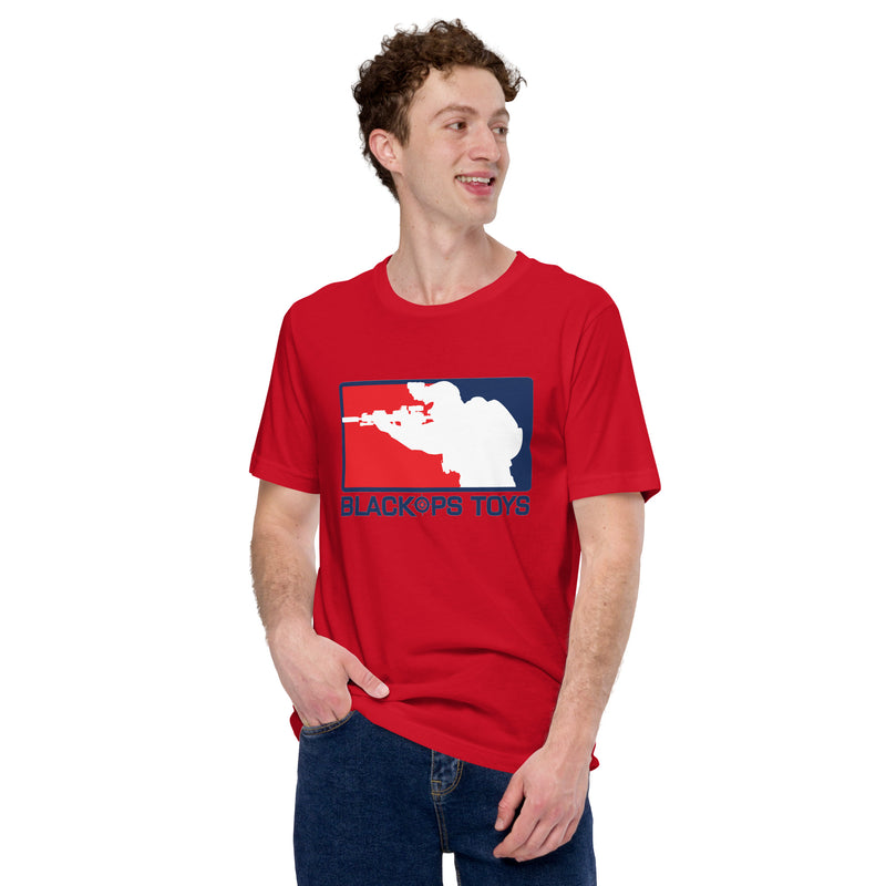 Load image into Gallery viewer, Unisex cotton t-shirt with BlackOpsToys red white and blue logo
