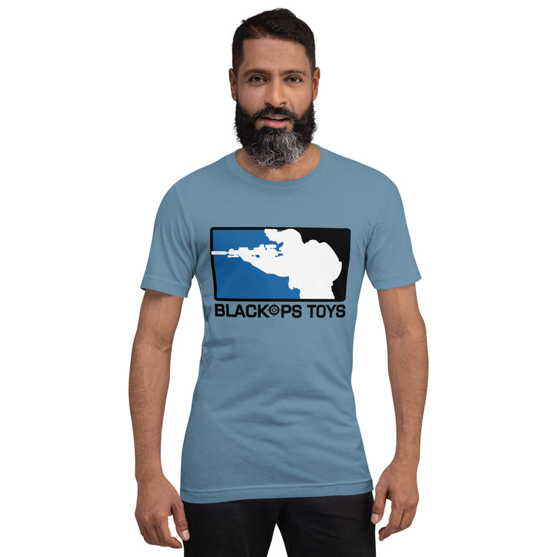 Load image into Gallery viewer, Unisex cotton t-shirt with original BlackOpsToys blue and black logo
