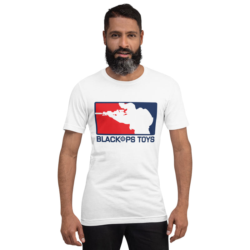 Load image into Gallery viewer, Unisex cotton t-shirt with BlackOpsToys red white and blue logo

