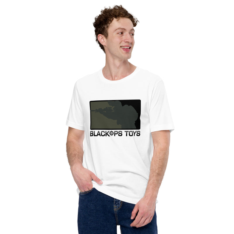 Load image into Gallery viewer, Unisex cotton t-shirt with BlackOpsToys black multicam logo
