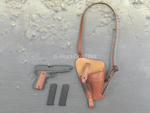 WWII - 101st Airborne - Black Pistol w/Brown Leather-Like Holster