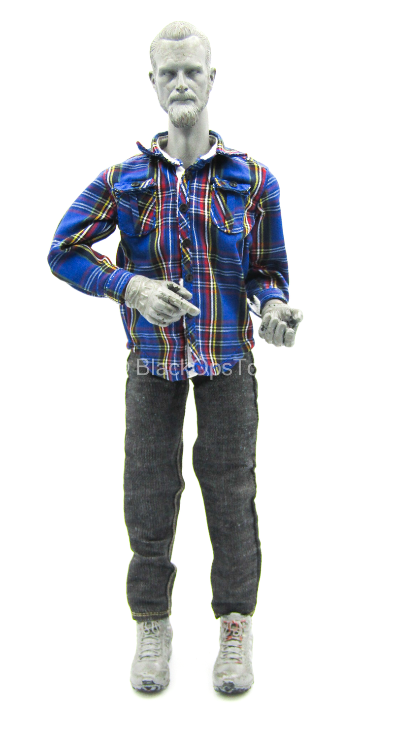 Load image into Gallery viewer, Blue Plaid Shirt w/Grey Denim Like Pants
