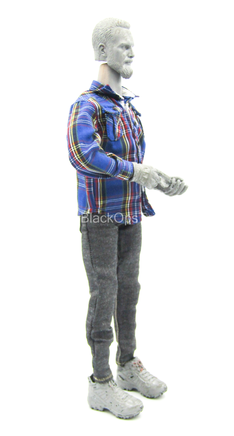 Load image into Gallery viewer, Blue Plaid Shirt w/Grey Denim Like Pants
