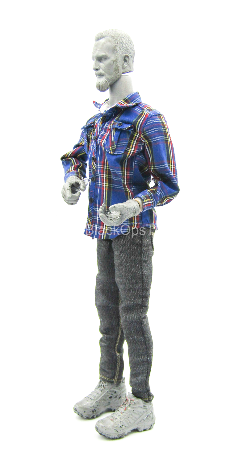 Load image into Gallery viewer, Blue Plaid Shirt w/Grey Denim Like Pants
