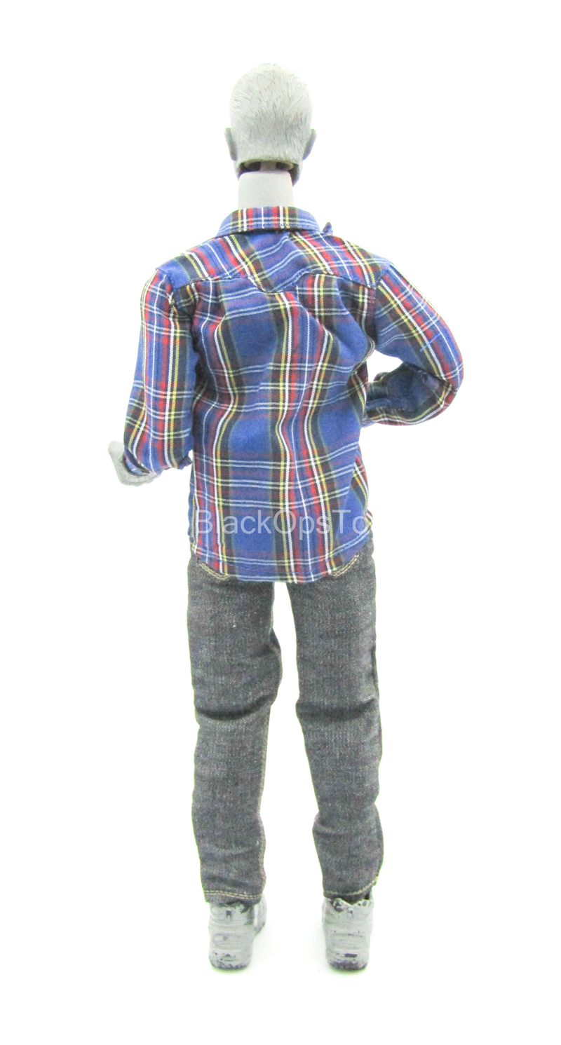 Load image into Gallery viewer, Blue Plaid Shirt w/Grey Denim Like Pants
