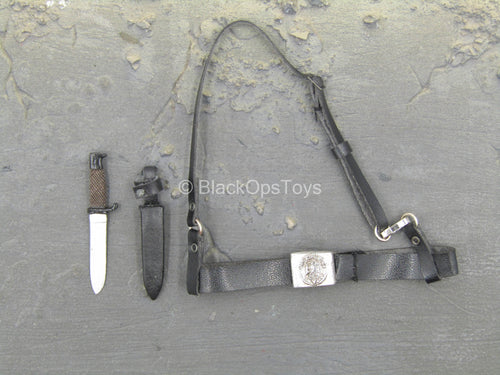 WWII - SS Panzer Division - Black Leather-Like Belt w/Knife