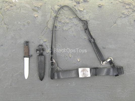 WWII - SS Panzer Division - Black Leather-Like Belt w/Knife