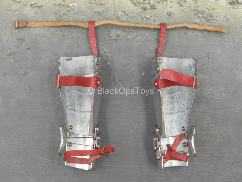 Load image into Gallery viewer, Knight Of The Spirit - Metal Thigh Armor w/Red Leather Like Straps
