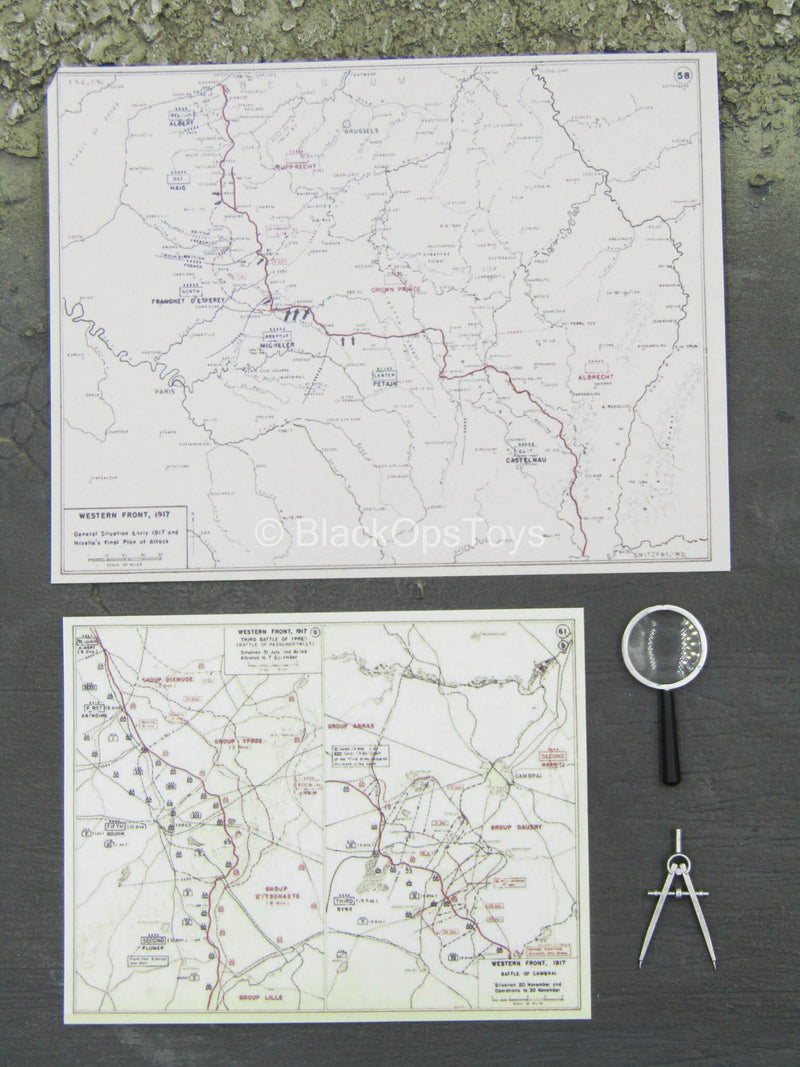 Load image into Gallery viewer, WWI - War Desk - Western Front Maps w/Magnifying Glass &amp; Compass
