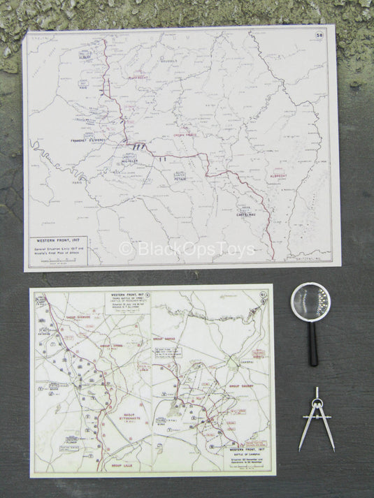 WWI - War Desk - Western Front Maps w/Magnifying Glass & Compass