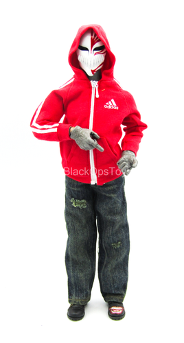 Red Hooded Jacket w/Denim Like Jeans, Face Mask & Boots