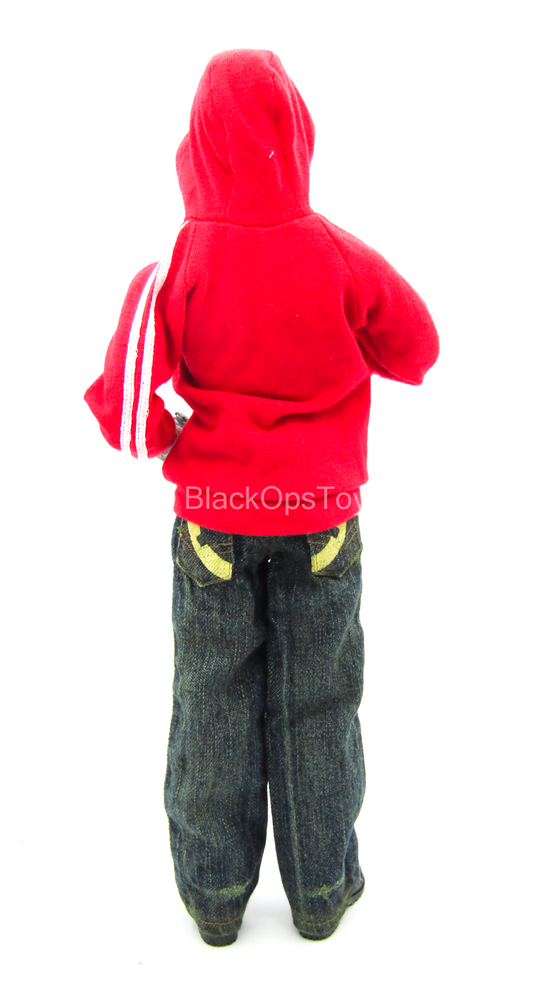Red Hooded Jacket w/Denim Like Jeans, Face Mask & Boots