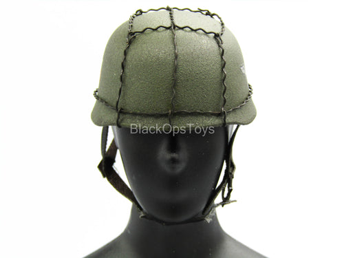 Green Metal Helmet w/Flaking Leather Straps