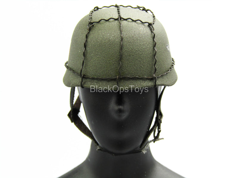 Load image into Gallery viewer, Green Metal Helmet w/Flaking Leather Straps
