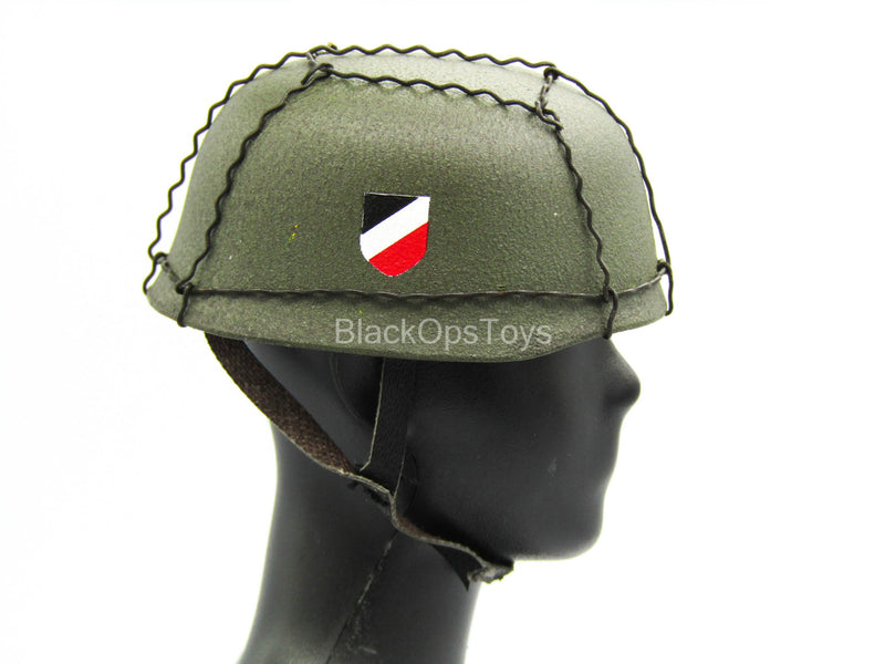 Load image into Gallery viewer, Green Metal Helmet w/Flaking Leather Straps
