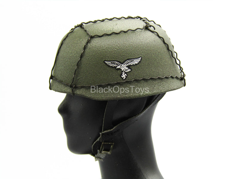 Load image into Gallery viewer, Green Metal Helmet w/Flaking Leather Straps
