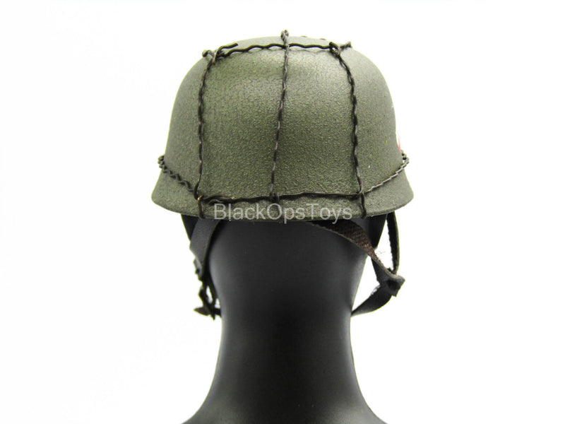 Load image into Gallery viewer, Green Metal Helmet w/Flaking Leather Straps
