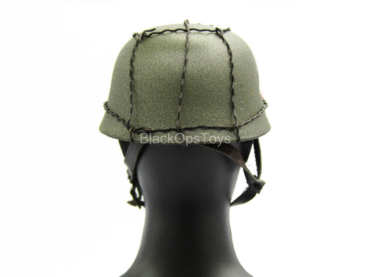 Green Metal Helmet w/Flaking Leather Straps