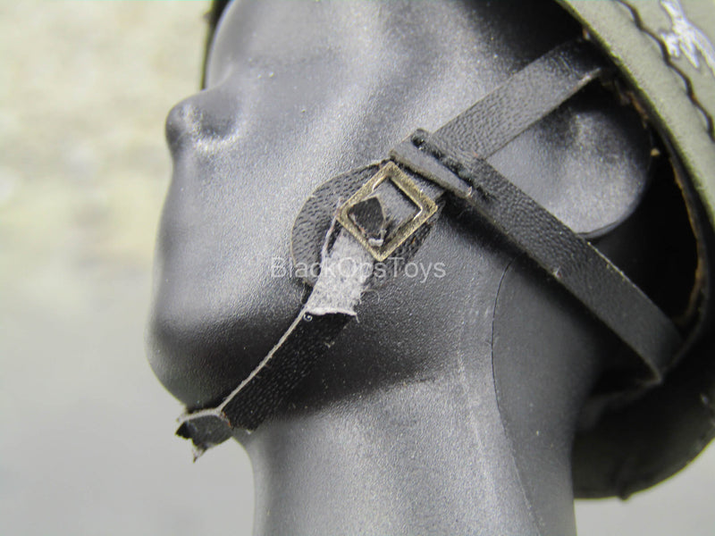 Load image into Gallery viewer, Green Metal Helmet w/Flaking Leather Straps
