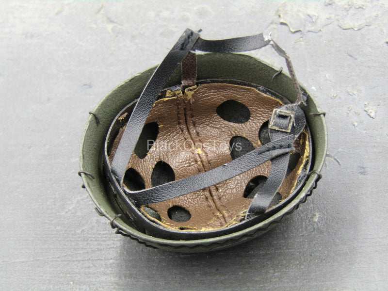 Load image into Gallery viewer, Green Metal Helmet w/Flaking Leather Straps
