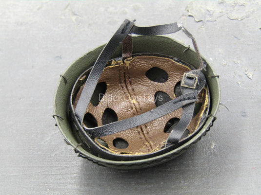 Green Metal Helmet w/Flaking Leather Straps